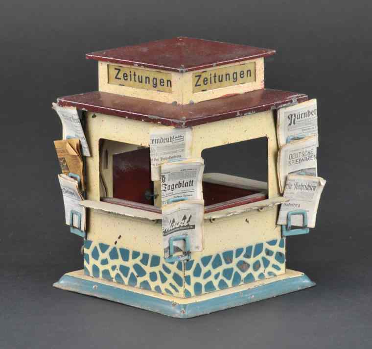 Appraisal: FANDOR NEWSTAND Germany lithographed tin open kiosk style newsstand has