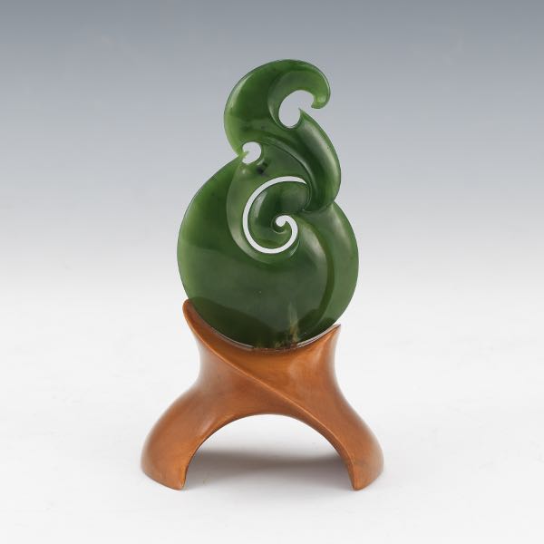 Appraisal: CARVED GREEN NEPHRITE JADE MCM CABINET SCULPTURE ON WOOD BASE