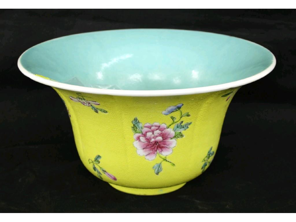 Appraisal: Chinese famille rose yellow ground jardiniere of panelled flaring form