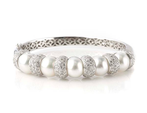 Appraisal: A cultured pearl diamond and k white gold bangle diameter