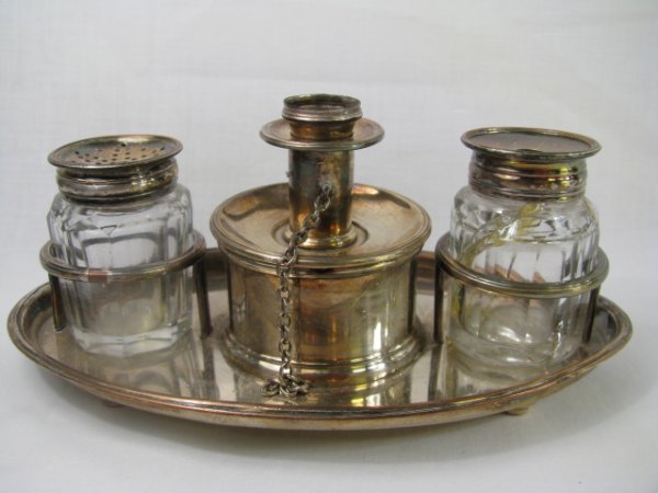 Appraisal: Petit silver on copper four piece desk set Tray with