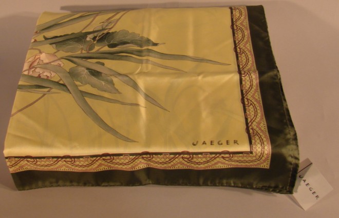 Appraisal: Jaeger green yellow botanical print with pink silk scarf Approx