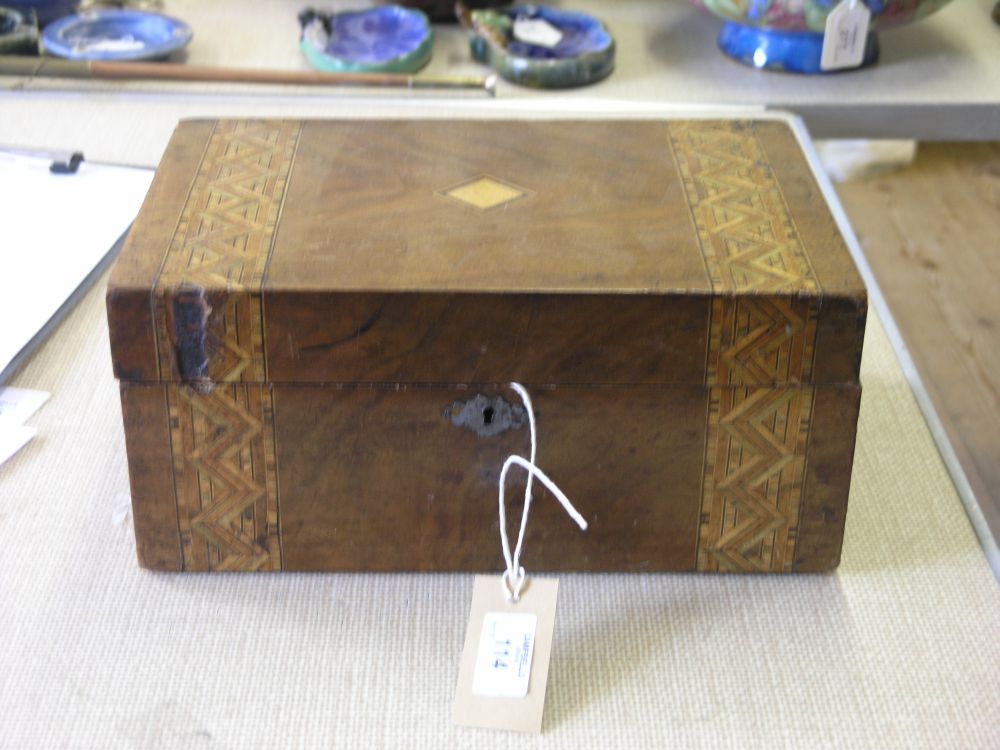 Appraisal: A Victorian walnut and marquetry work box in containing an