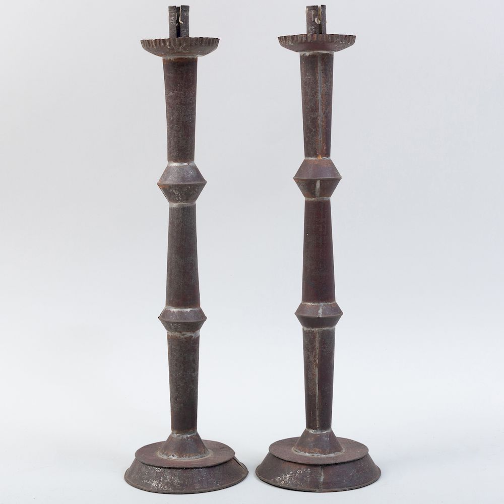 Appraisal: Pair of Tall Tin Candlesticks with Fluted Nozzels x in