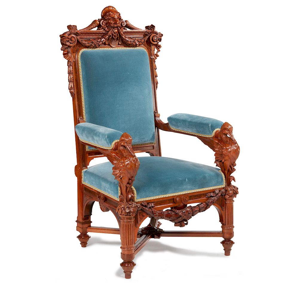 Appraisal: Herter Brothers Armchair Commissioned for Thurlow Lodge Carved walnut chair