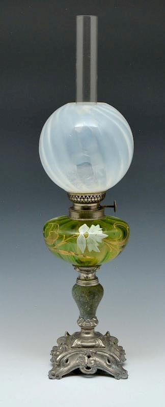 Appraisal: Victorian kerosene lamp Victorian kerosene lamp with opalescent globe shade