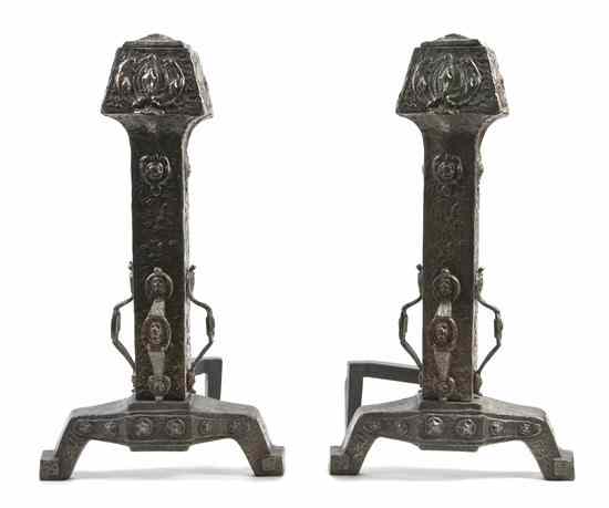 Appraisal: A Pair of Arts and Crafts Andirons of squared baluster