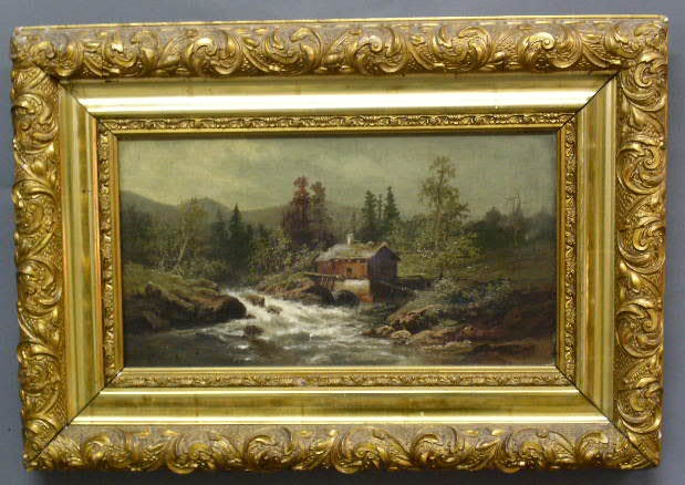 Appraisal: Oil on canvas landscape painting with mill and stream signed