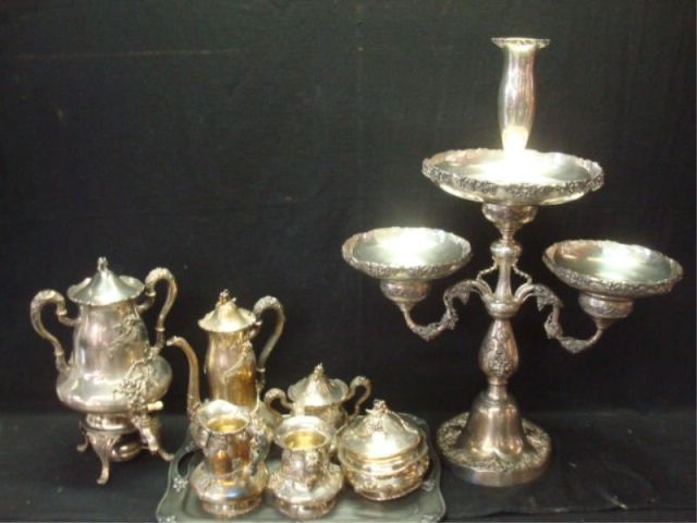 Appraisal: Silverplate Tea Set including Large Epergne From an East st