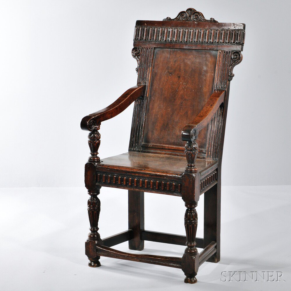 Appraisal: Carved Oak Wainscot Chair England th century crest rail scroll