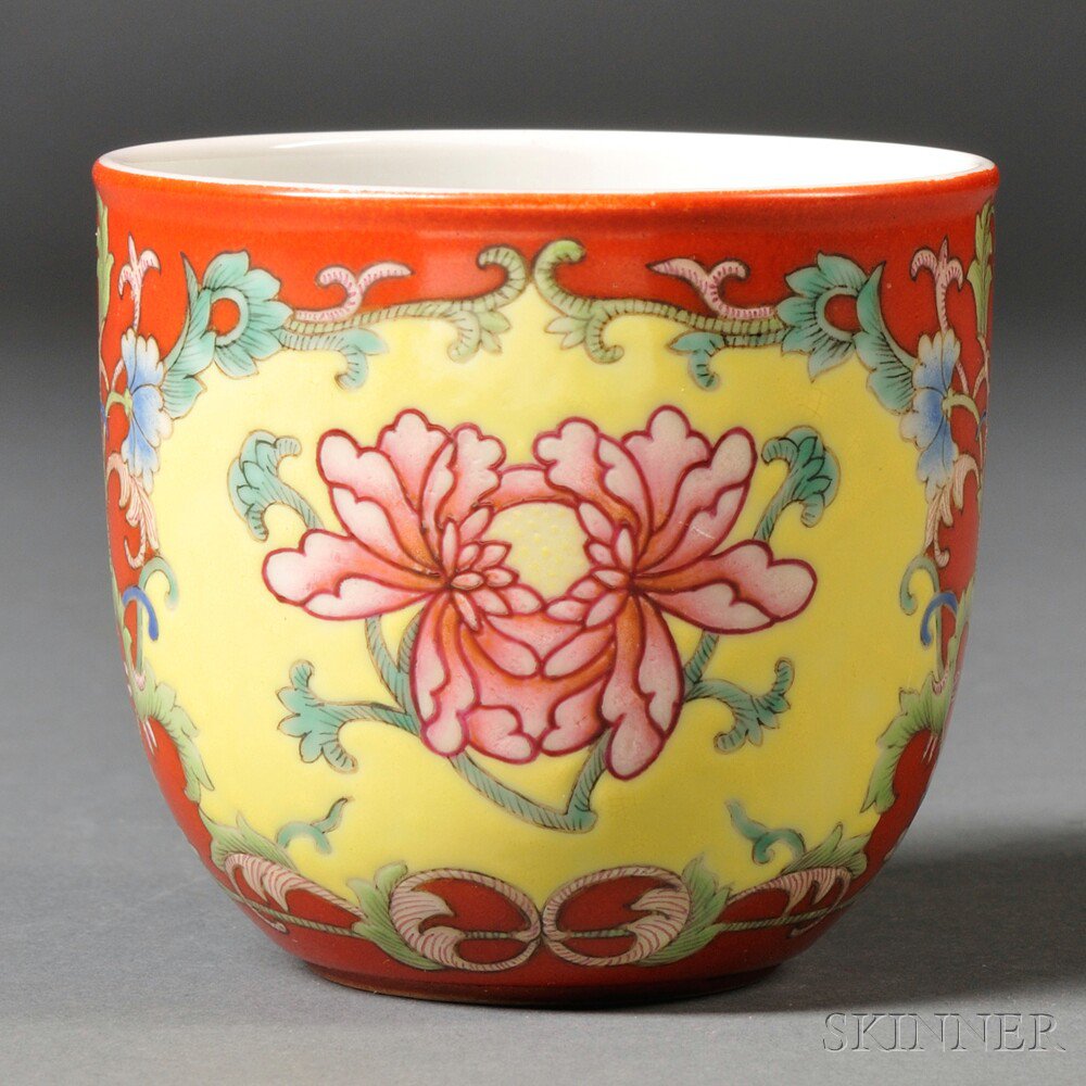 Appraisal: Red-ground Cup China tubular body with rounded bottom decorated with