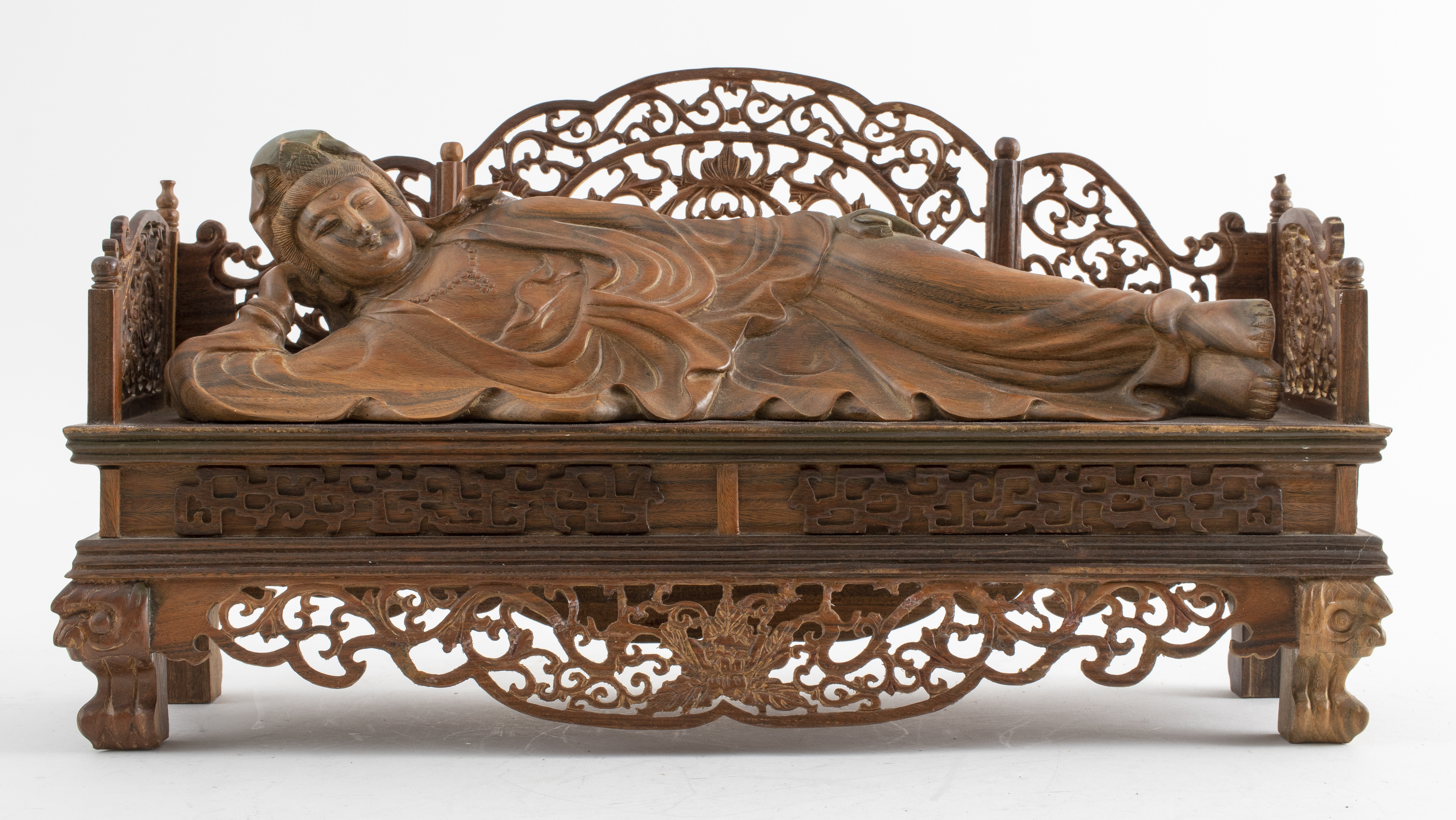 Appraisal: CHINESE WOOD RECLINING GUAN YIN ON DAY BED Antique Chinese