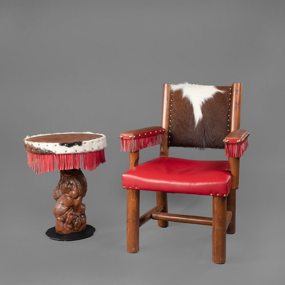 Appraisal: Western Cowhide and Leather Arm Chair and Side Table Western