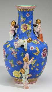 Appraisal: Chinese bottle vase with applied figures h Chinese enameled bottle