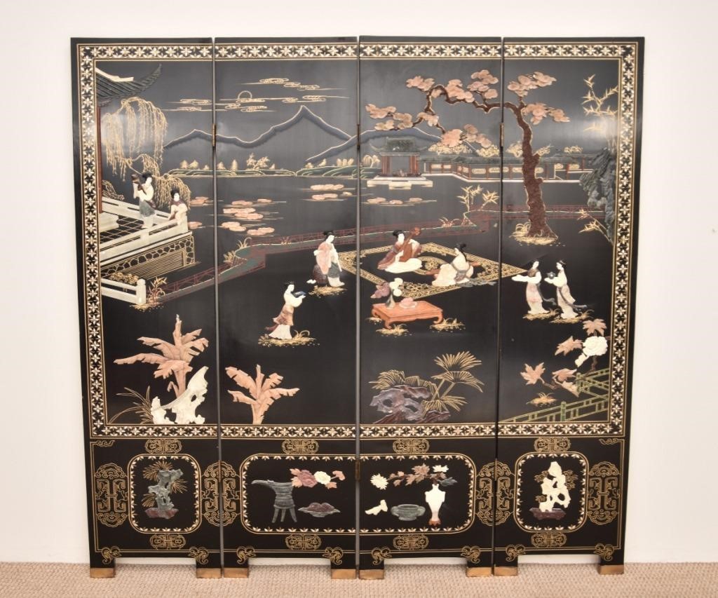 Appraisal: Asian black lacquered four-part screen with mother-of-pearl inlay with raised