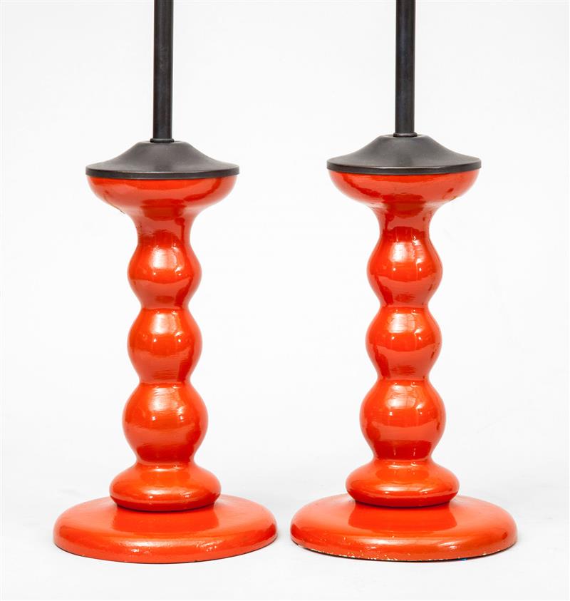 Appraisal: Pair of Candlesticks Mounted as Lamps Painted wood x in