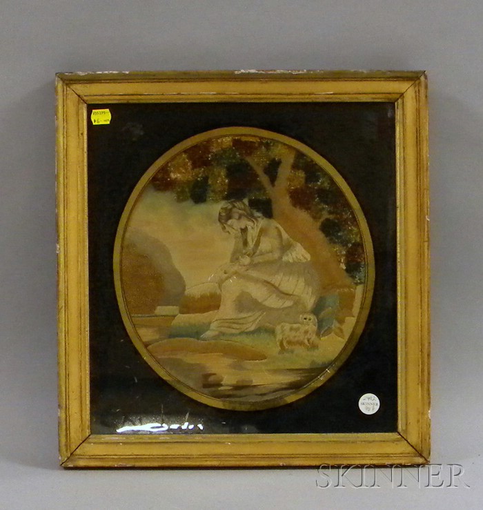 Appraisal: Giltwood Framed th Century English Silk Needlework and Painted Panel