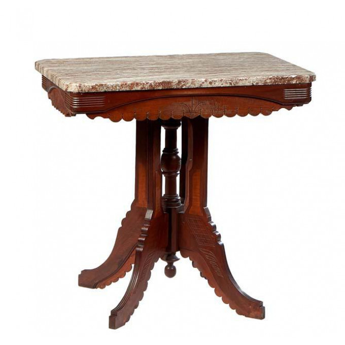 Appraisal: American Carved Walnut Marble Top Lamp Table c the canted