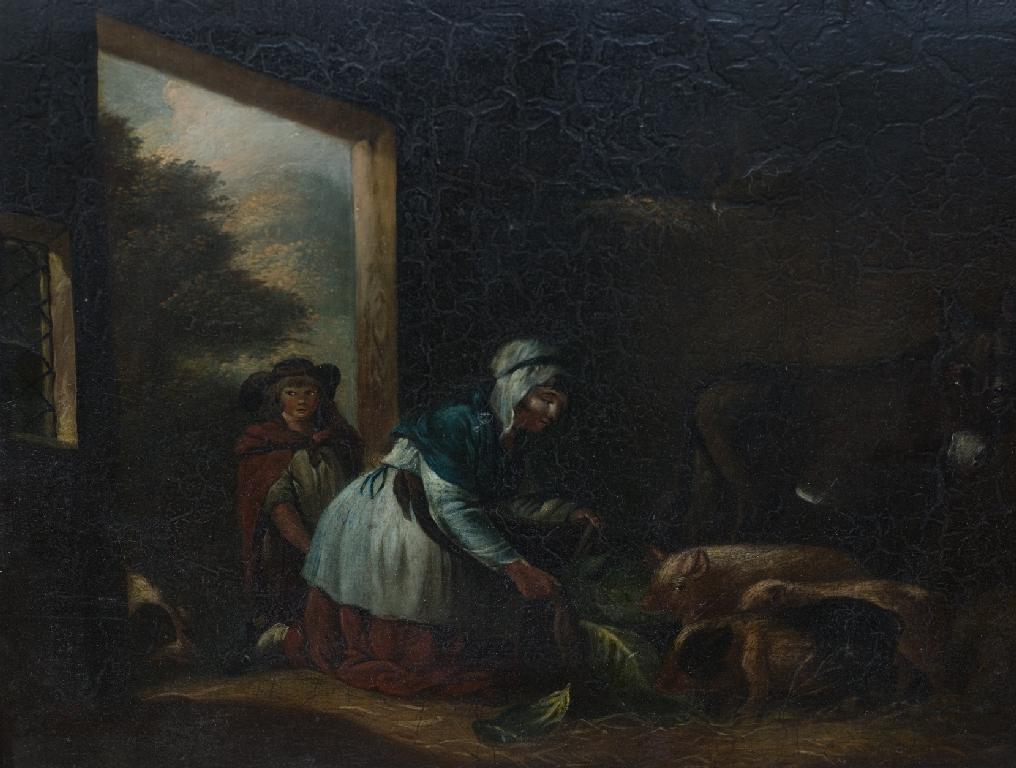 Appraisal: MANNER OF GEORGE MORLAND - WOMAN FEEDING PIGS WITH A