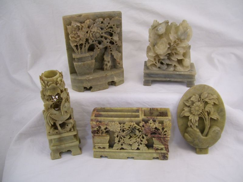 Appraisal: - Misc Soapstone Carvings Includes Single bookend floral vase decoration