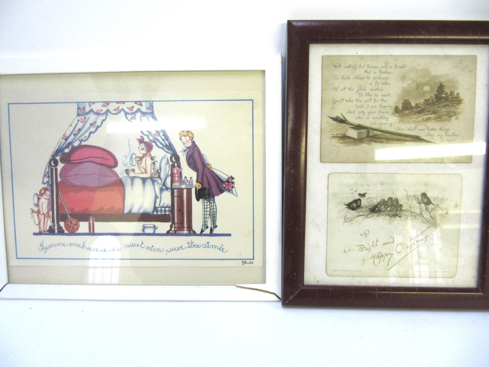 Appraisal: A lot comprising four framed humorous French cartoons and various