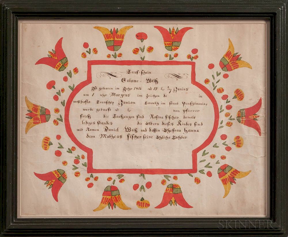 Appraisal: Union County Watercolor Birth Fraktur for Salmoe Weis Union County