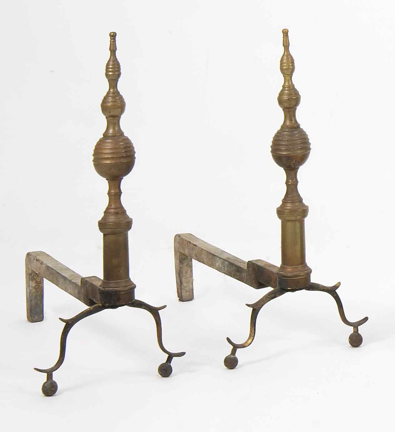 Appraisal: PAIR OF FEDERAL BRASS ANDIRONS With steeple and ball tops