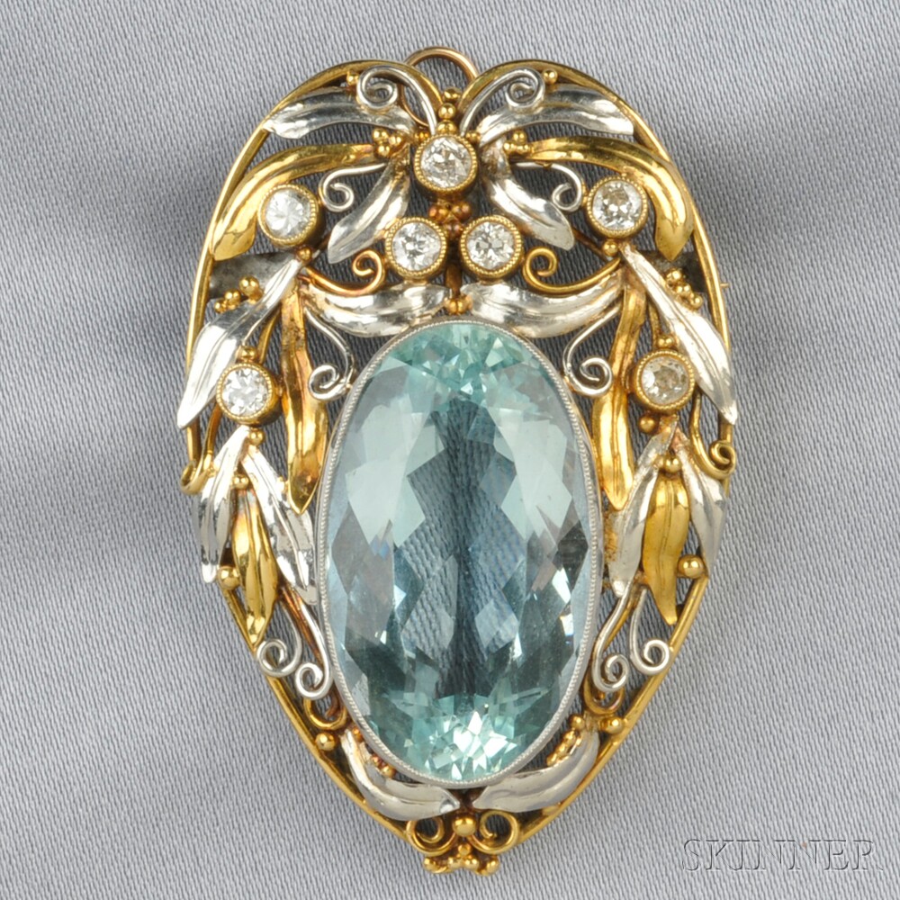 Appraisal: Arts Crafts Platinum kt Gold Aquamarine and Diamond Pendant Brooch