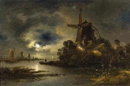 Appraisal: WILLIAM HENRY CROME - ESTUARY SCENE WITH WINDMILL BY MOONLIGHT