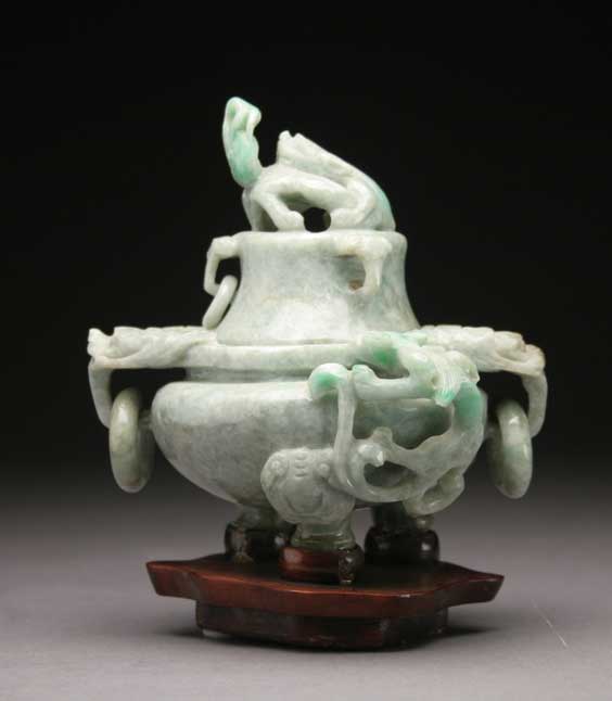 Appraisal: ANTIQUE JADEITE KORO AND COVER Antique and well carved Chinese