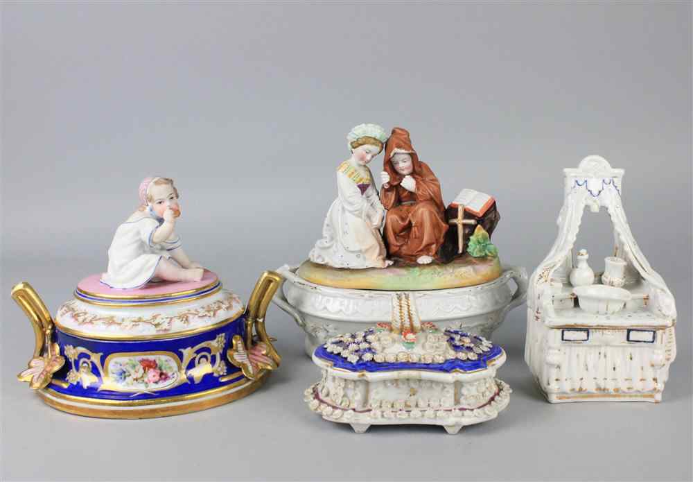 Appraisal: FOUR CONTINENTAL PORCELAIN COVERED BOXES including one oval probably Bohemian