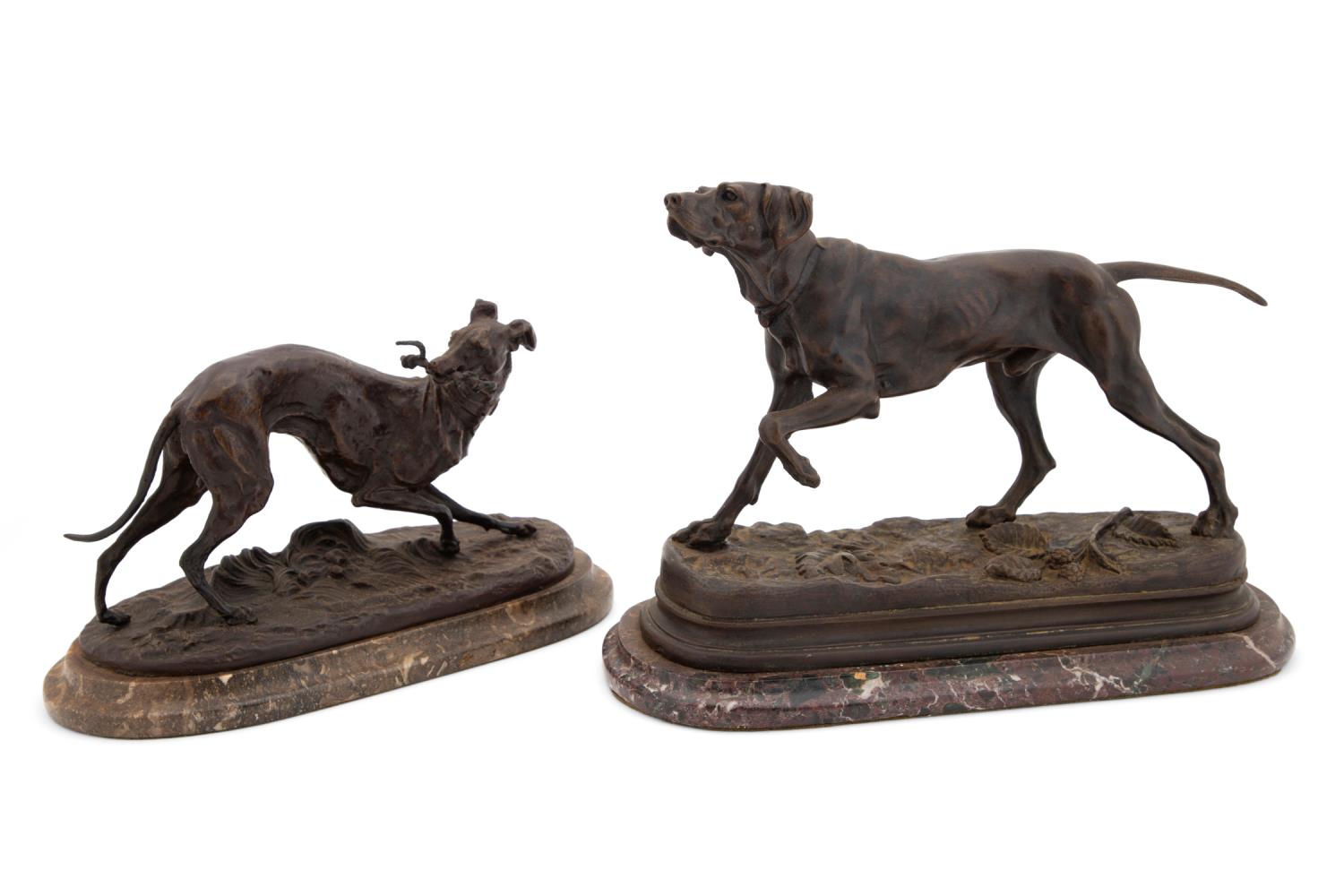 Appraisal: TWO FRENCH BRONZE DOG SCULPTURES ON MARBLE BASES Two French