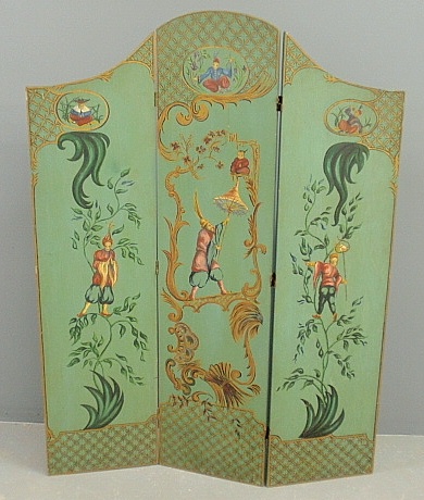 Appraisal: - Three-part green painted wood room screen with near-East figures