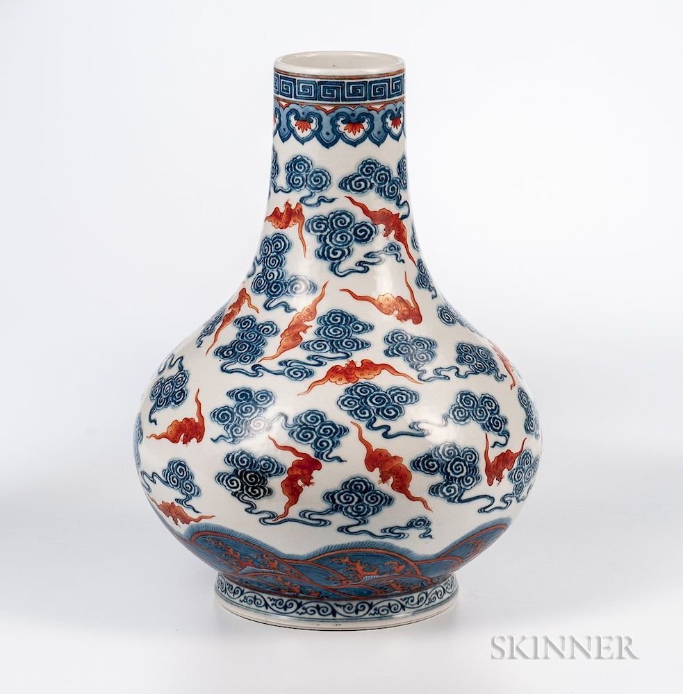 Appraisal: Iron Red-enameled Blue and White Tianqiuping Vase Iron Red-enameled Blue