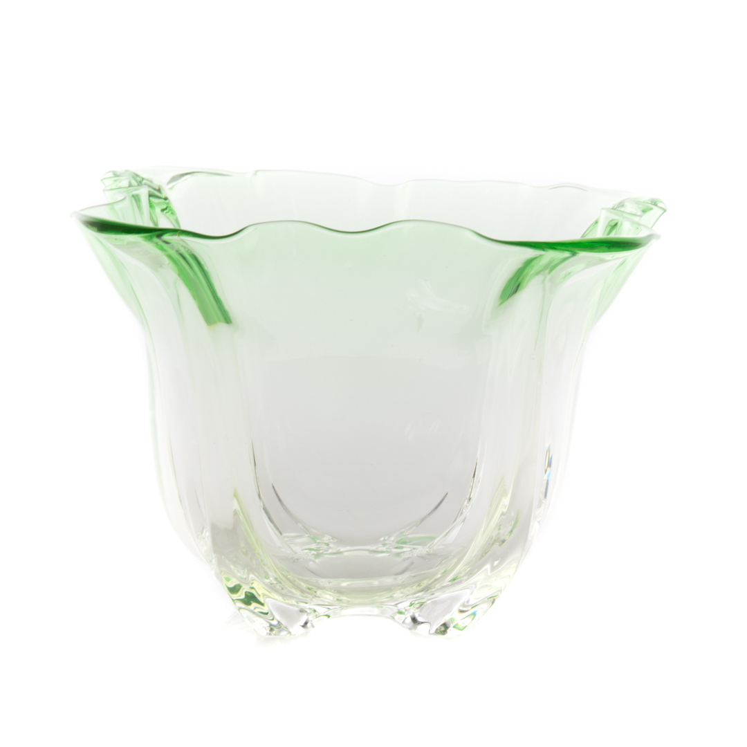 Appraisal: Steuben ruffled top emerald glass vase in H in Sq