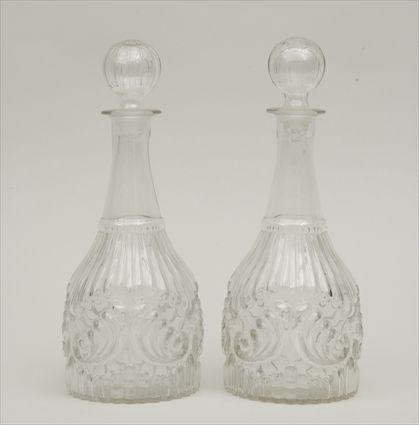 Appraisal: Pair of Three-Mold Blown Glass Mallet-Form Decanters and Stoppers in