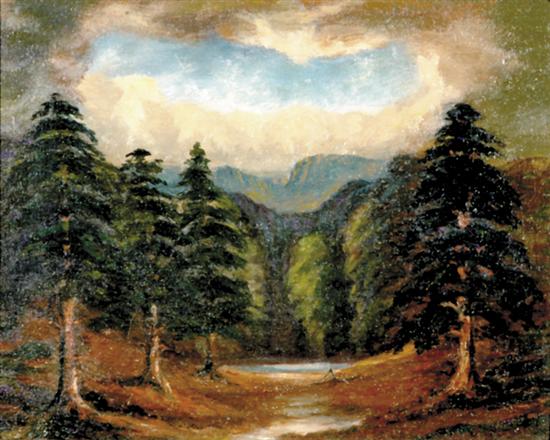 Appraisal: American school th century MOUNTAIN LANDSCAPEoil on canvas laid to