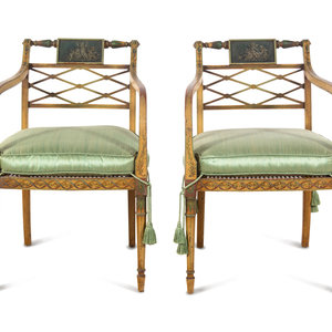 Appraisal: A Pair of Regency Style Painted Armchairs th Century Height