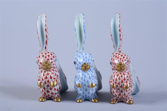 Appraisal: THREE MINIATURE HEREND PORCELAIN RABBITS Two orange and one blue