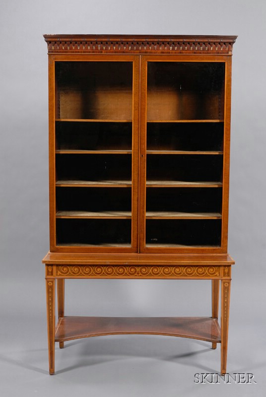 Appraisal: George III Style Fruitwood and Harewood Marquetry-inlaid Cabinet on Stand