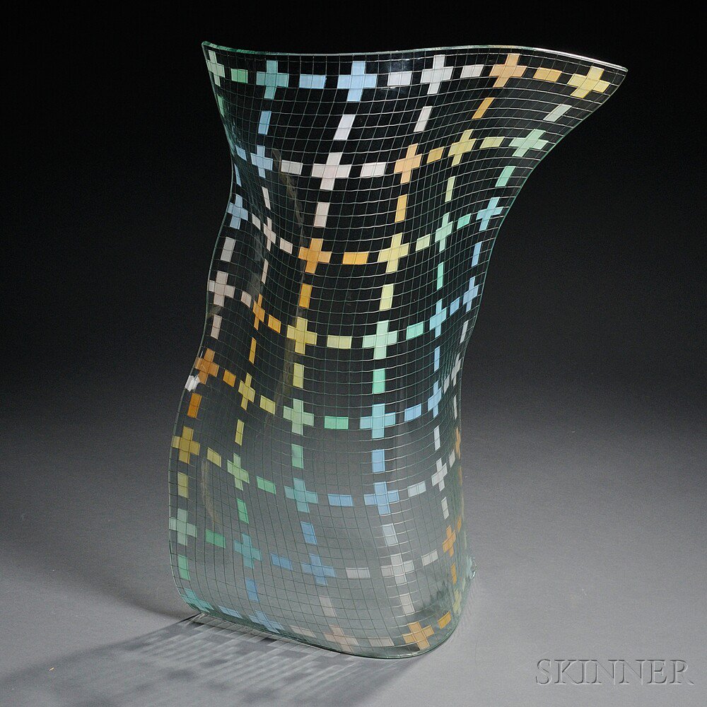 Appraisal: Kurt Marsha Runstadler Chrome Grid Sculpture Art glass California In