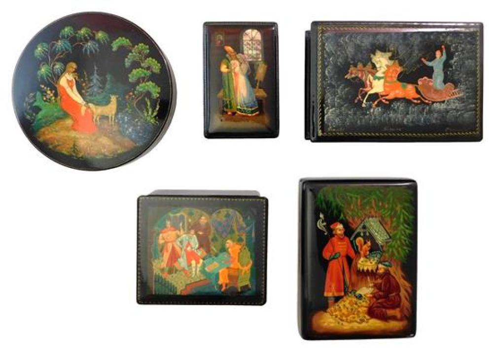 Appraisal: Russian hand-painted lacquer boxes five figural themed pieces including one