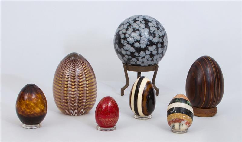 Appraisal: THREE GLASS EGGS AN INLAID MARBLE EGG A WOOD EGG