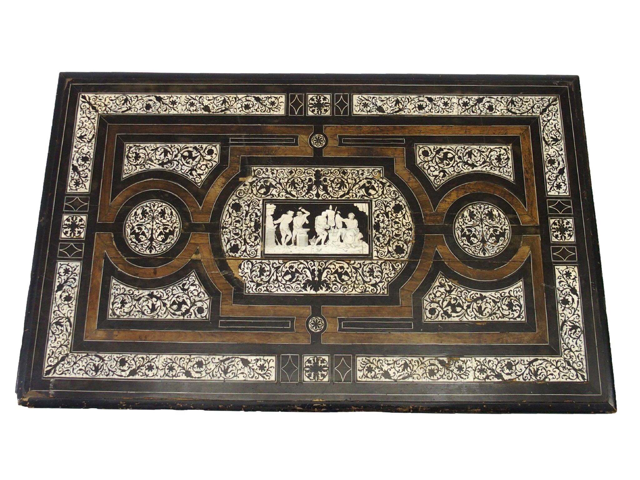 Appraisal: An Italian walnut ebony and ivory inlaid table top th