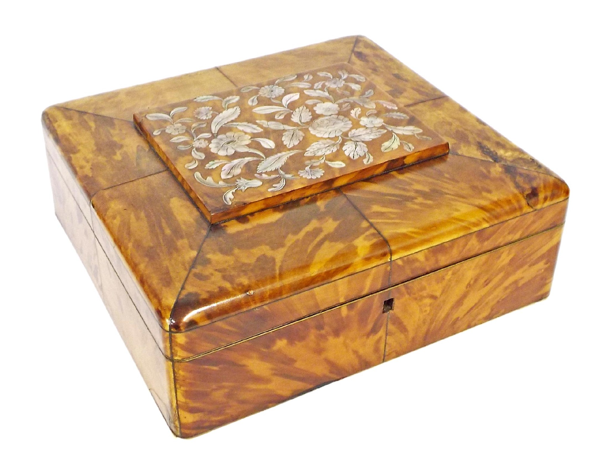 Appraisal: Good th century tortoiseshell veneered square lady's workbox the top