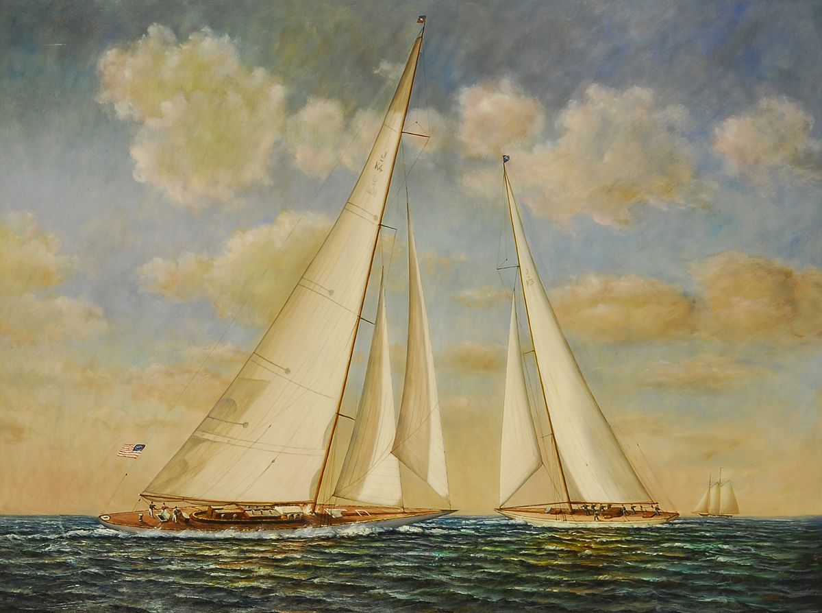 Appraisal: FRAMED PAINTING Two J boats racing with crew on deck