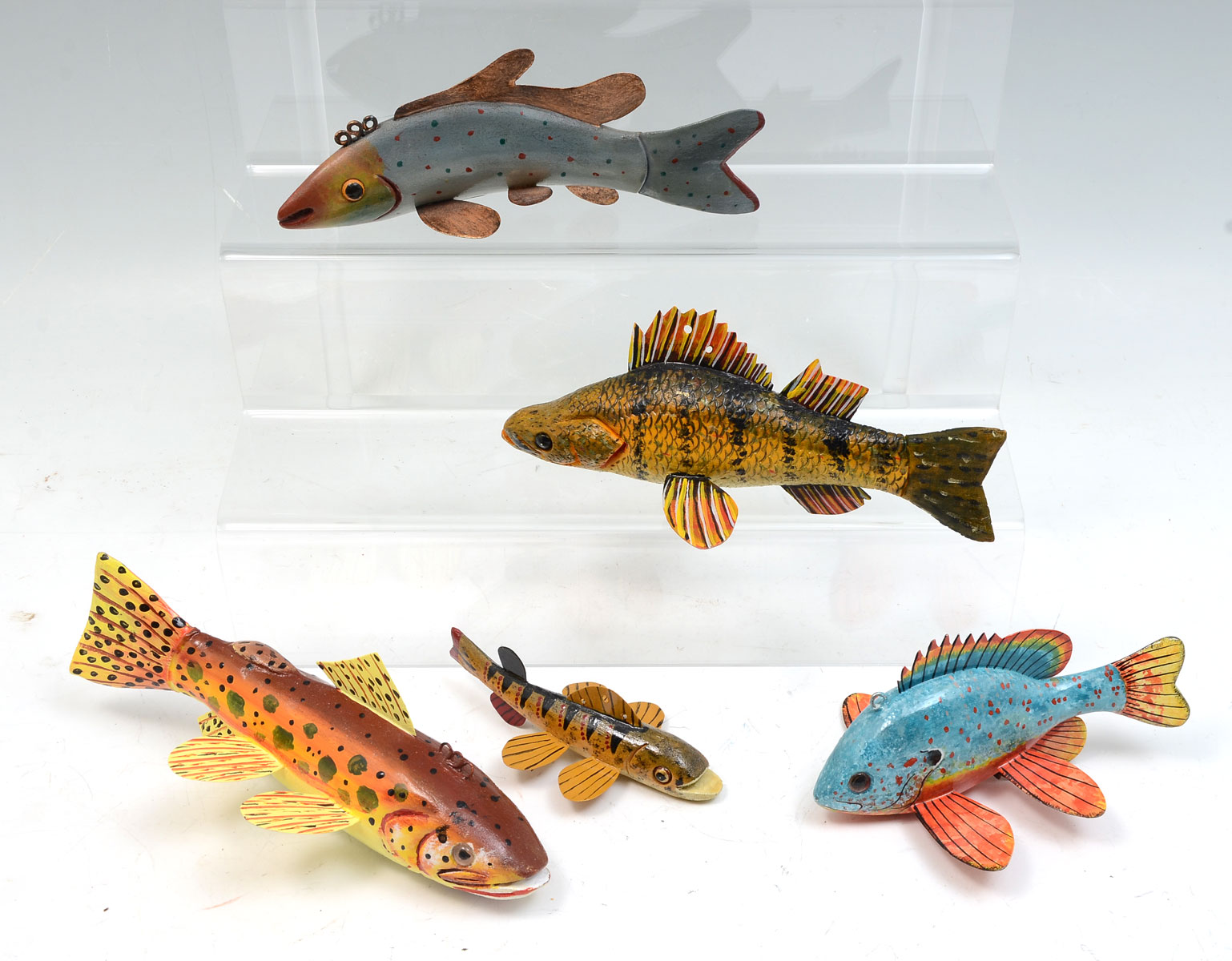 Appraisal: FIVE PIECE FISH DECOY LOT D J Moreno Spotted Trout