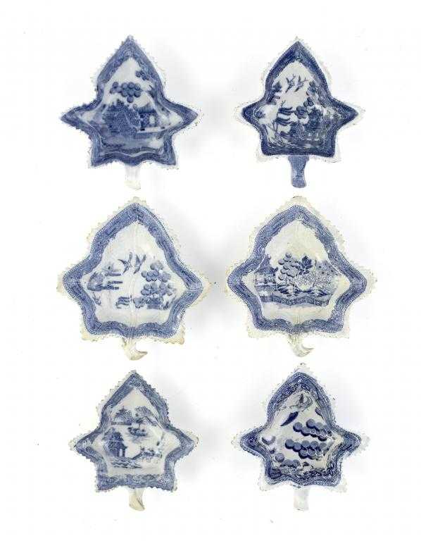 Appraisal: SIX BLUE PRINTED EARTHENWARE WILLOW PATTERN PICKLE DISHES of vine