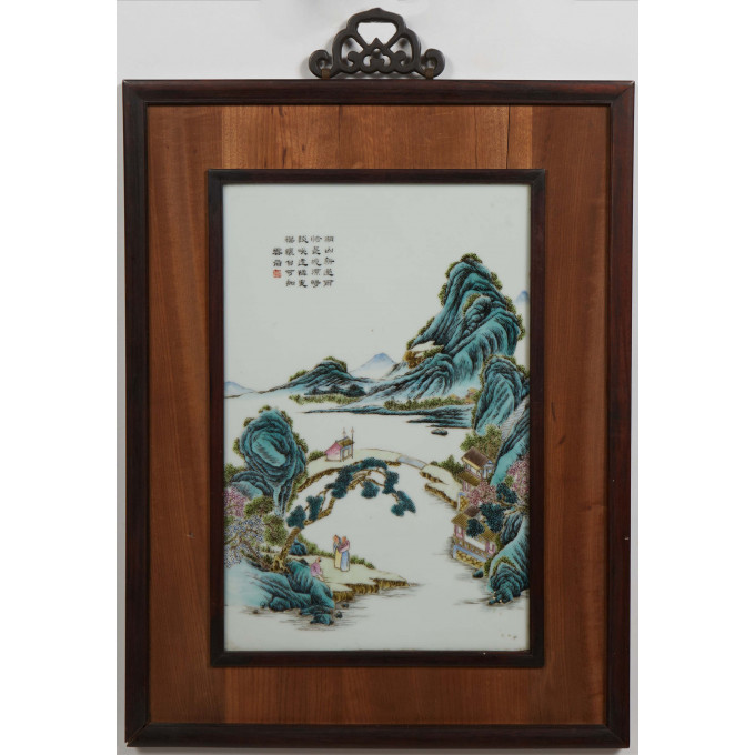 Appraisal: Chinese Porcelain Plaque Mountain Landscape presented in a wood frame