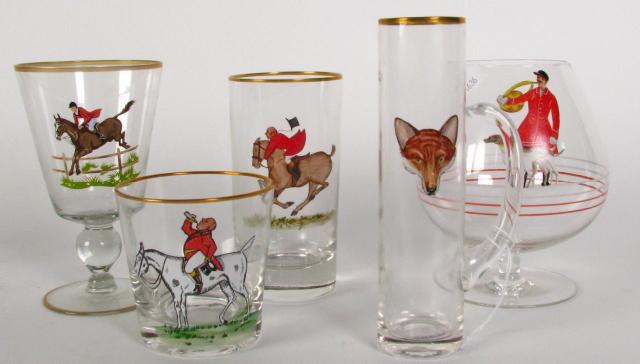 Appraisal: Large group of Fox Hunt themed drinkware including '' tumblers